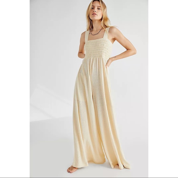 Free People Pants - Free People Homecoming Jumper Sunbath Ivory Cream NWOT Smocked Jumpsuit